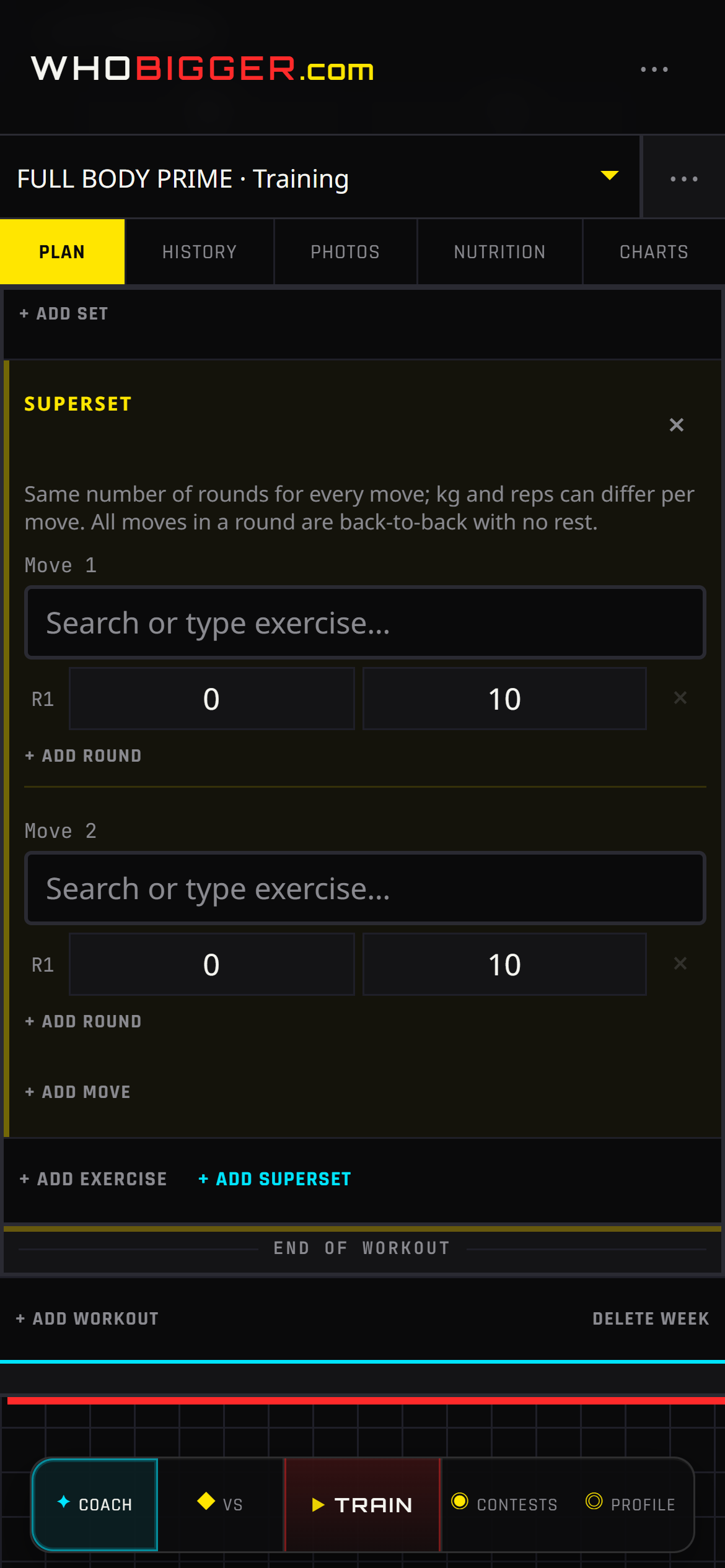 Add a superset block in a WhoBigger training program