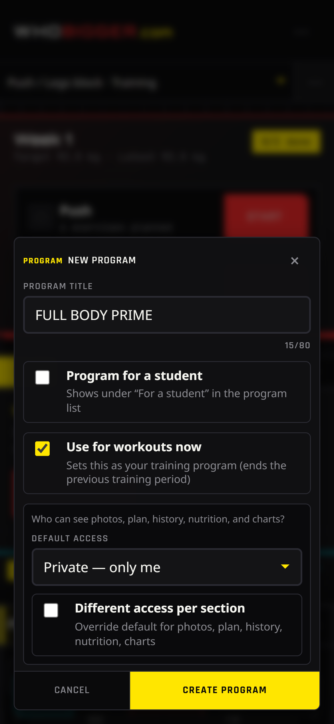 Create a training program for yourself or a student in WhoBigger Coach