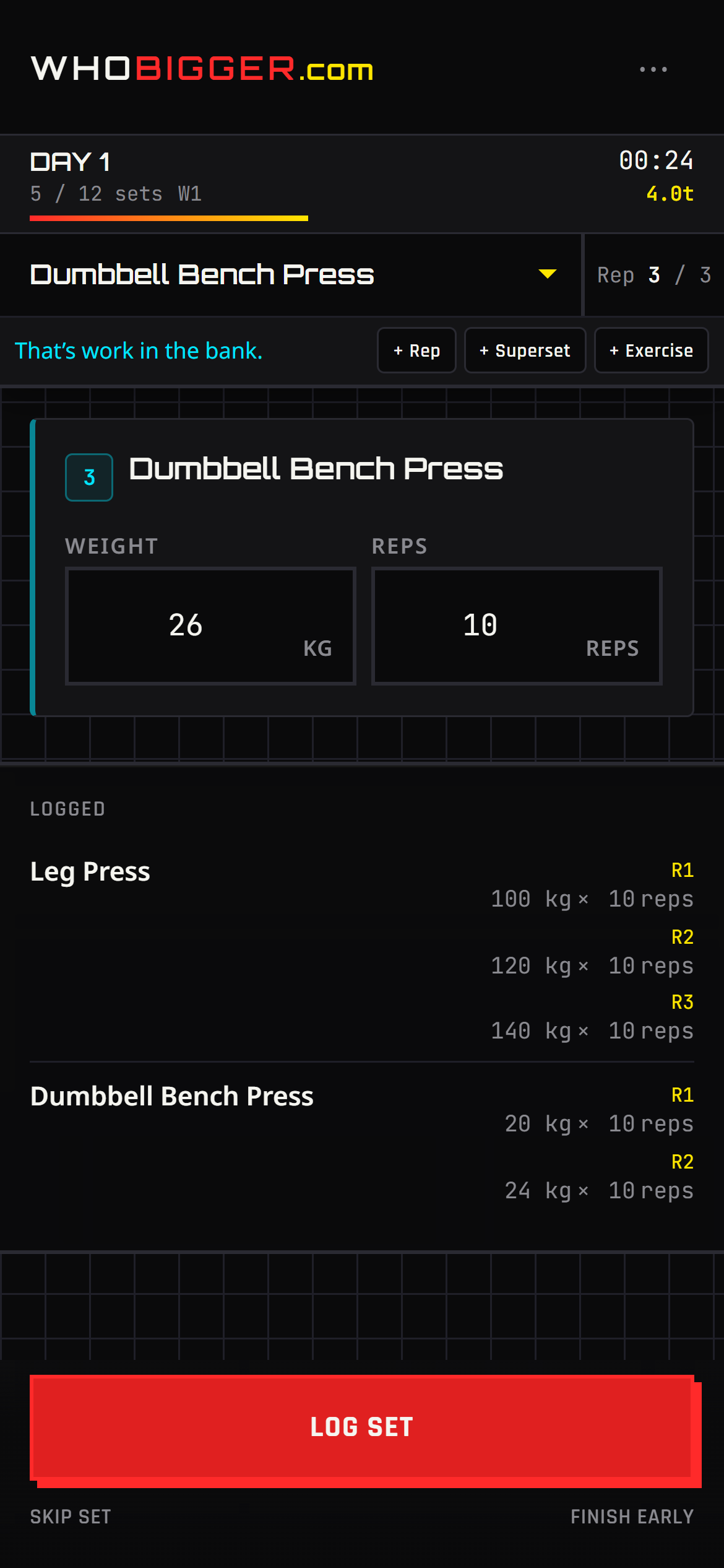 Log sets during a live workout and add extra reps or exercises