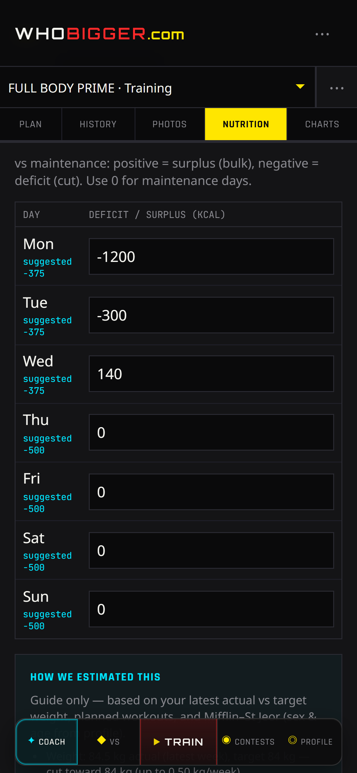 Fast deficit nutrition mode with calorie targets in WhoBigger