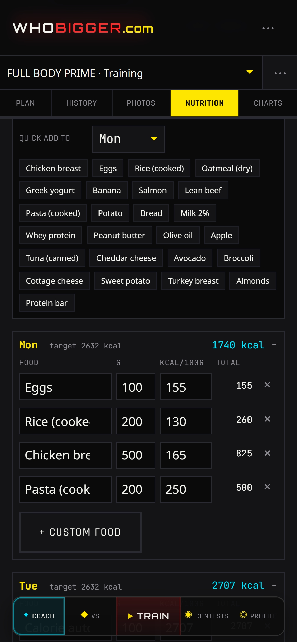 Full nutrition mode with daily food log in WhoBigger