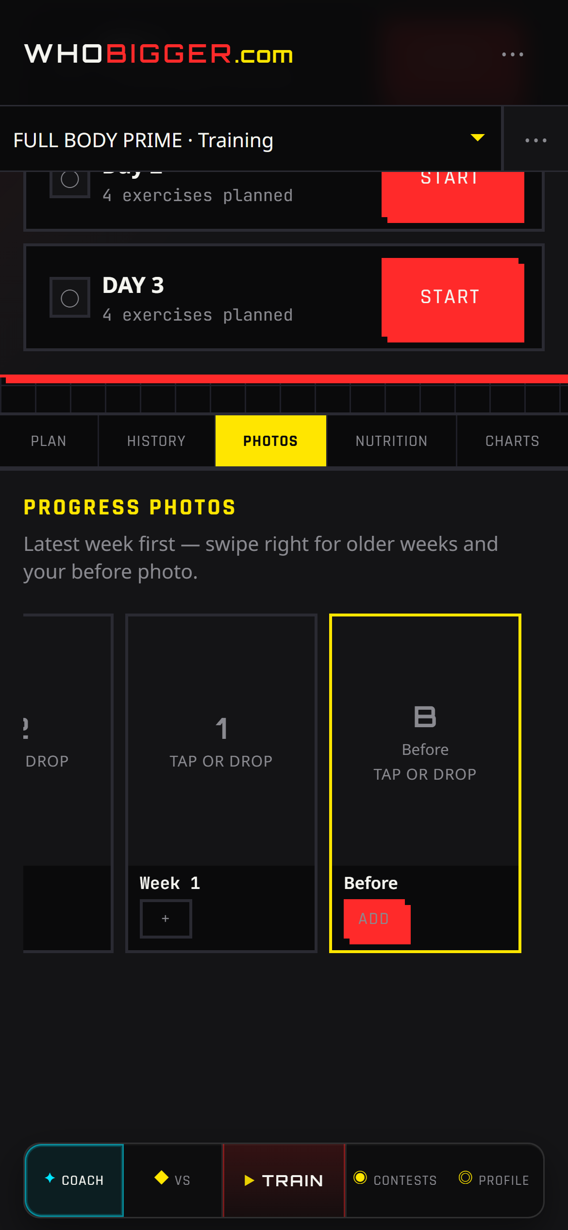 Track physique progress with weekly photos in WhoBigger Coach