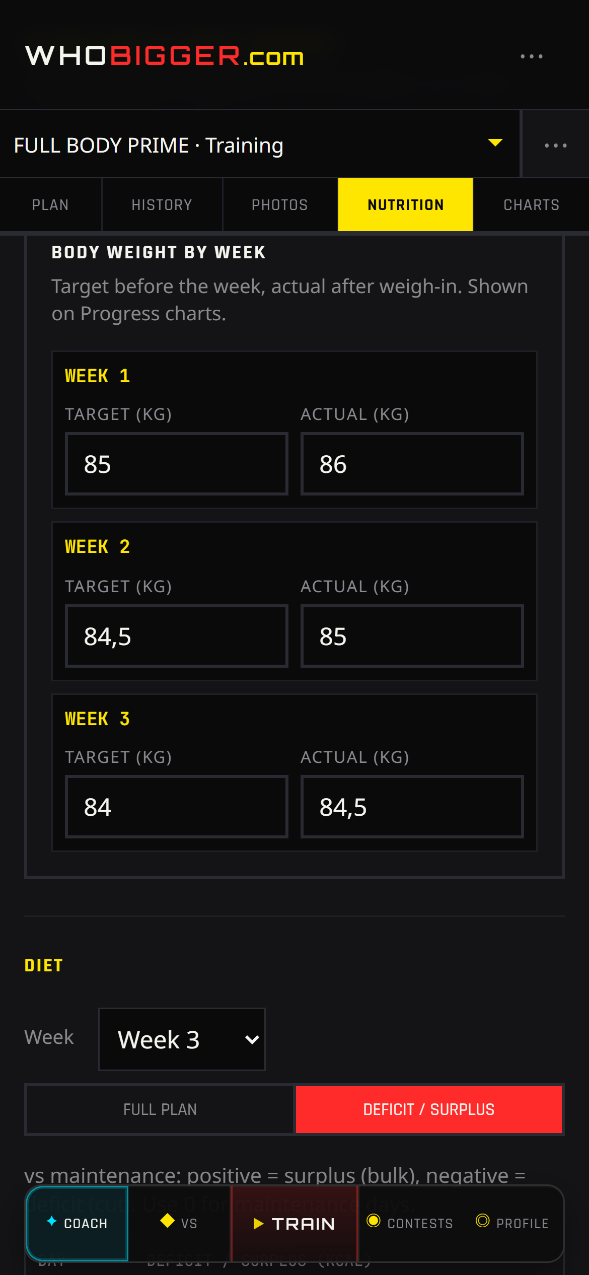 Track nutrition and body weight by week in WhoBigger Coach